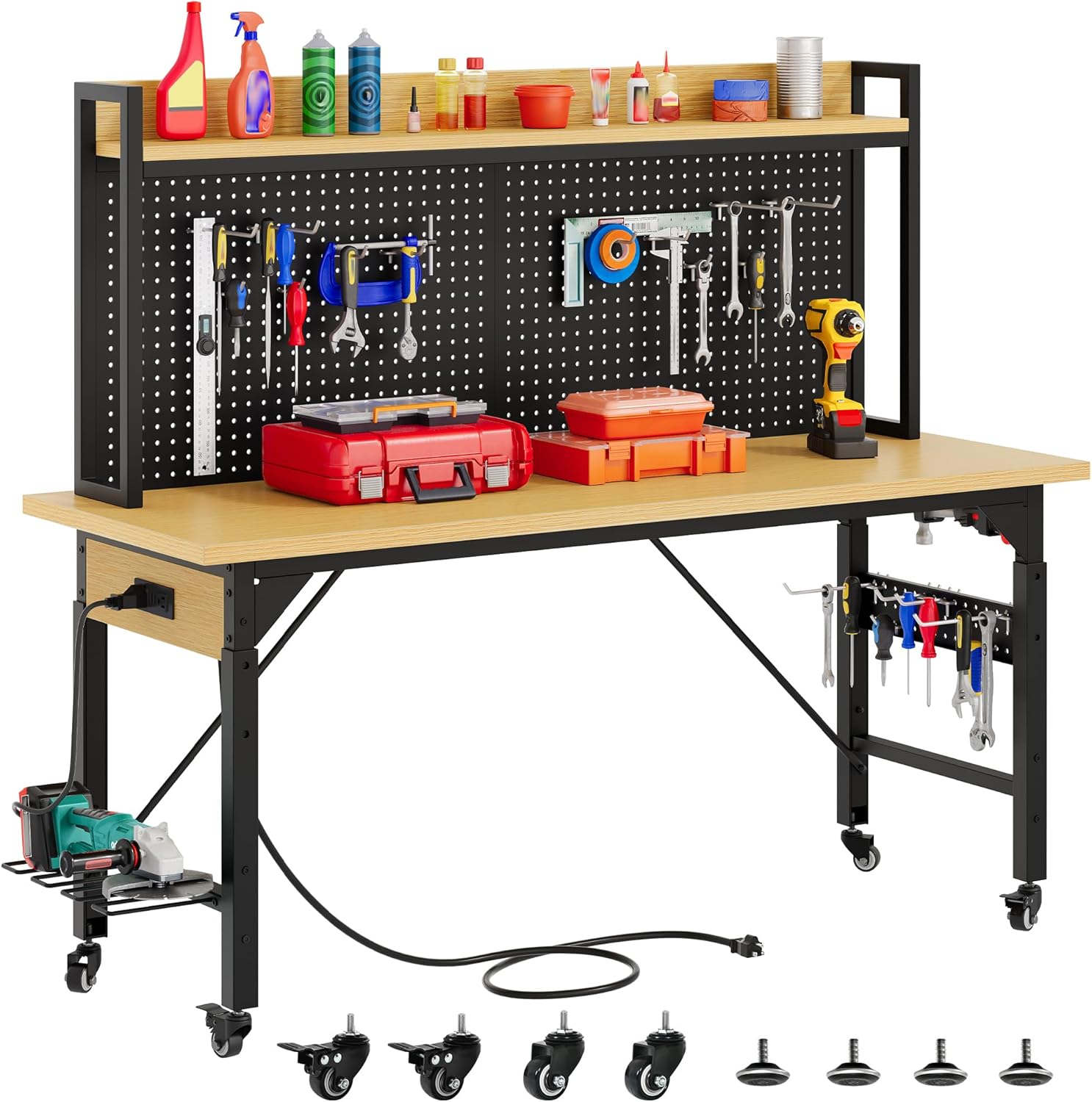 Woodworking Work Table - Work Bench With Wheels Pegboard Wood